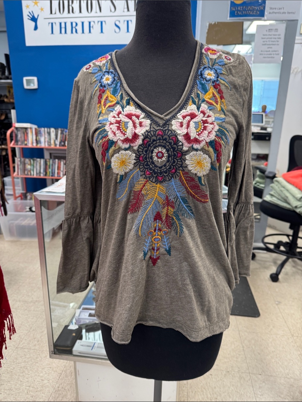 Johnny Was Olive Embroidered V-Neck Tunic with Multicolor Floral Motif